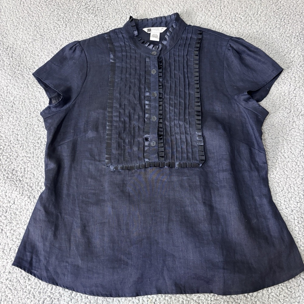 Carole Little Blouse XL Navy Blue Pintuck Ribbon Trim Cottagecore Minimalist - Picture 5 of 9